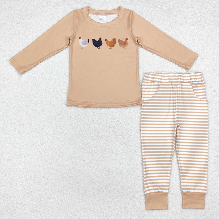 RTS NO MOQ Brown Boys and Girls Long Sleeve Suit with Hen Pattern