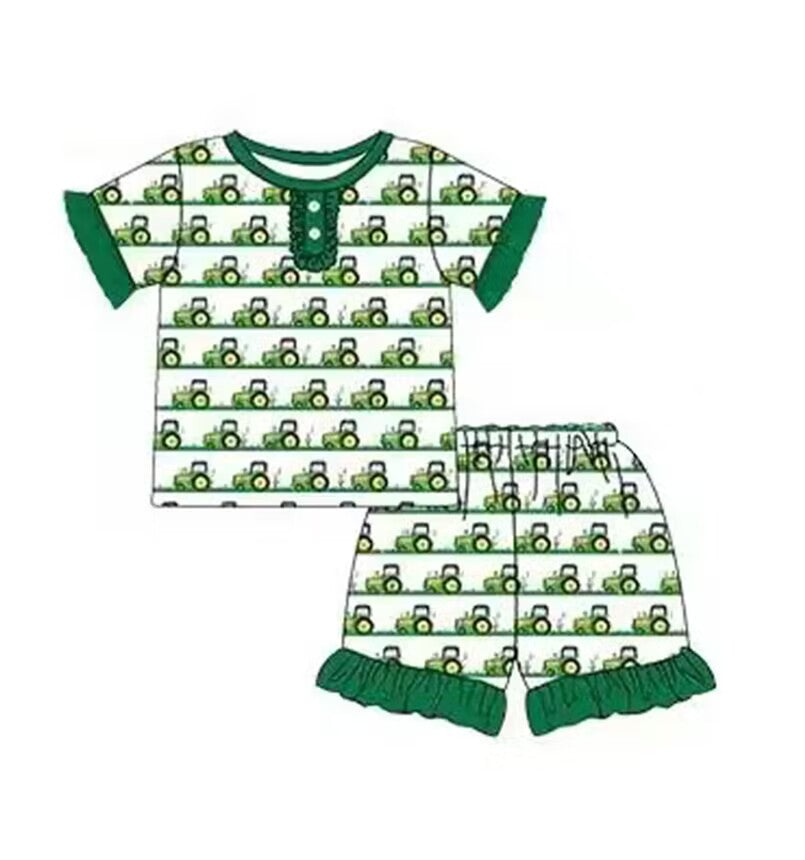 5.16custom each style moq 5eta 4-5week Sibling Sister Agricultural vehicles print green boys and girls outfits and baby romper match family design