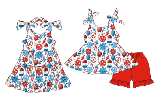 4.4 custom each style moq 5eta 4-6week Sibling Sister smiley floral baby girl short sleeve shorts sets and dresses match design
