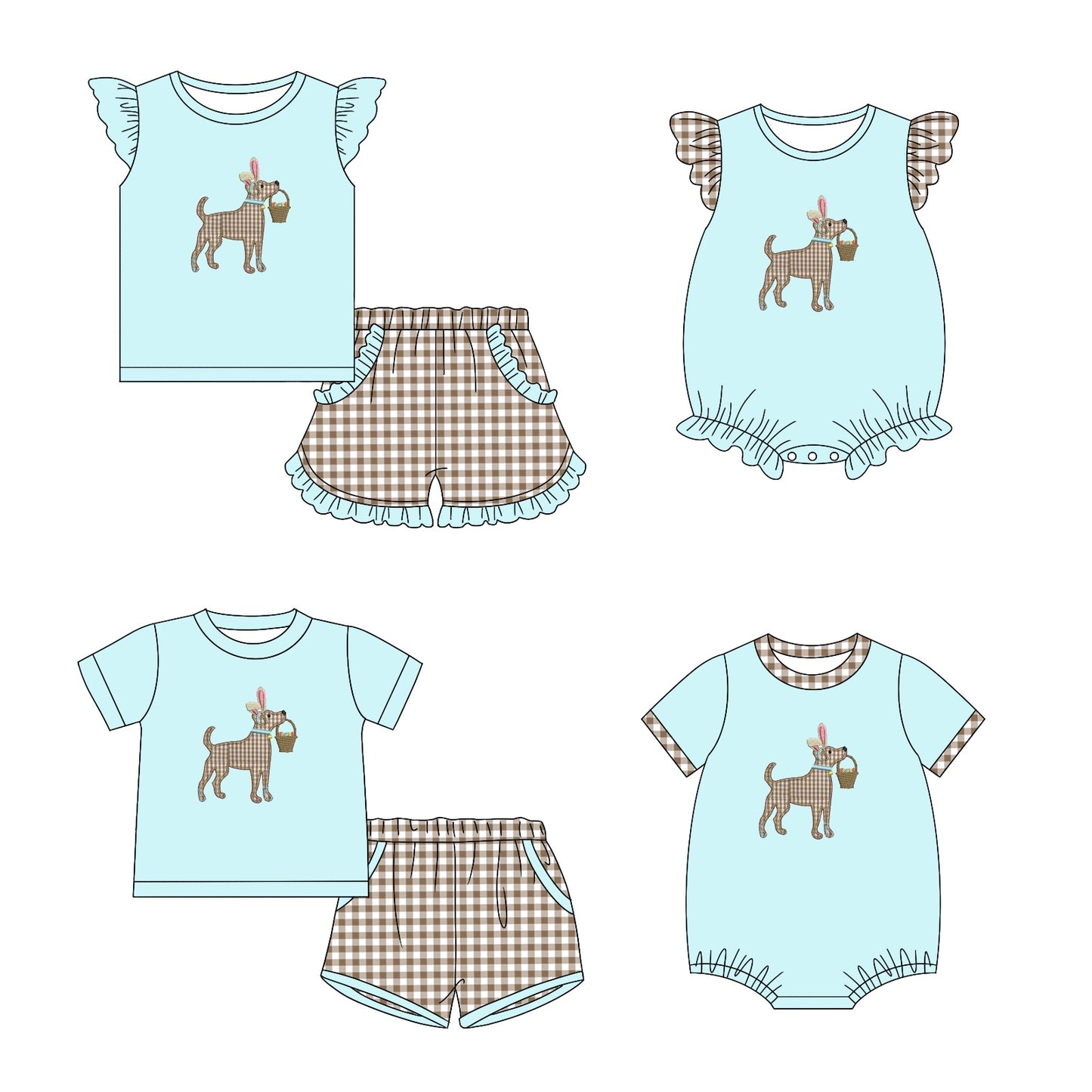 11.6 custom each style moq 5eta 4-6week Sibling Sister easter baby girl short sleeve shorts sets and sets 2 and girls romper and boy romper match design