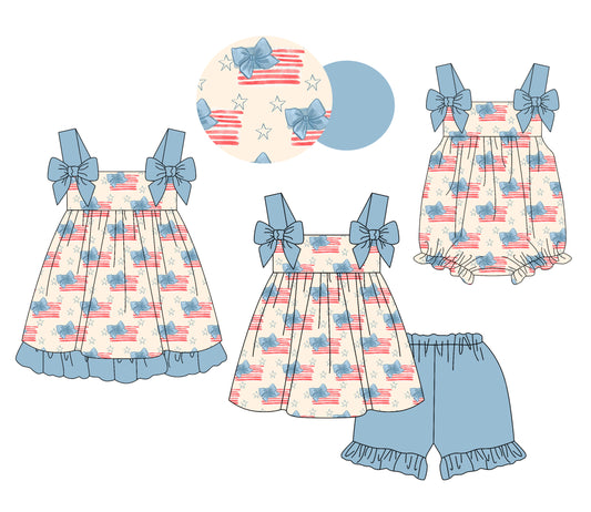 4.19 custom each style moq 5eta 4-6week Sibling Sisters bow flag baby girl short sleeve shorts sets and dress and rompers match family design