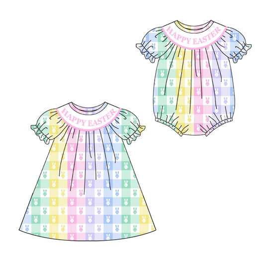 25.9.25 custom each style moq 8 eta 6-8week Sibling Sisters bunny baby girl short sleeve dress and rompers match family design
