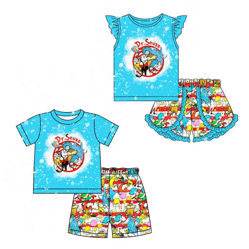 12.2 custom each style moq 5eta 4-6week Sibling Sister dr seuss baby girl short sleeve shorts fish sets 1 and easter sets 2 match design