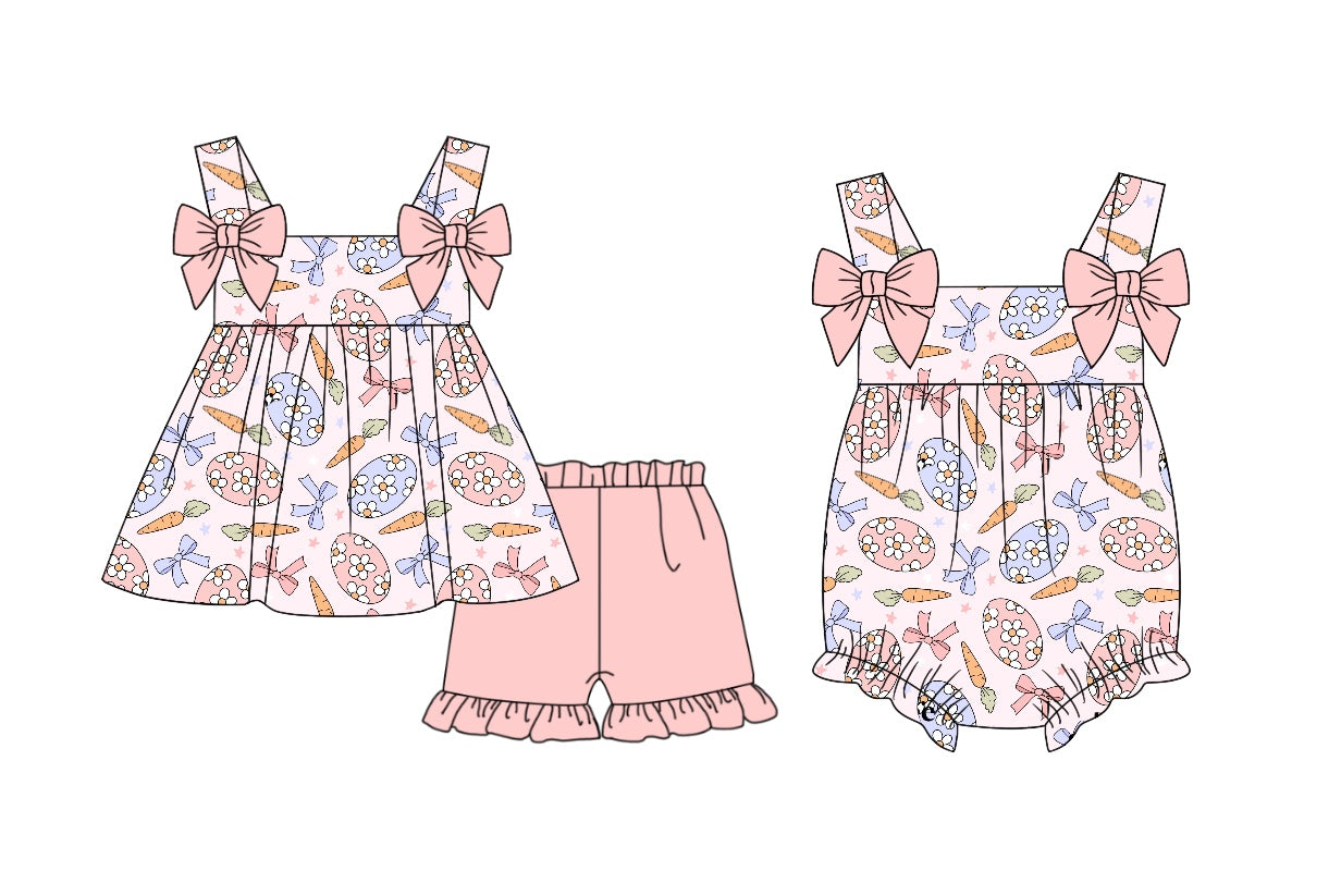 11.1 custom each style moq 5eta 4-6week Sibling Sister easter bow baby girl short sleeve shorts sets and rompers match design