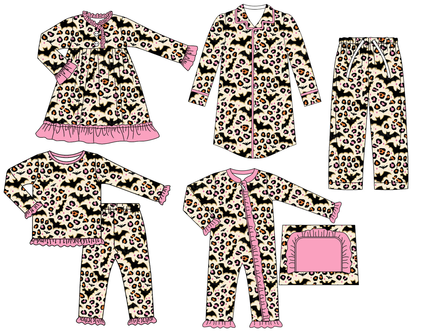 25.6.21 custom each style moq 5eta 4-6week Sibling Sisters bat leopard baby girl long sleeve pants sets and adult top and adult pants and romper and dress match family design