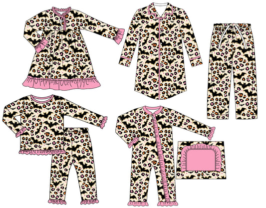 25.6.21 custom each style moq 5eta 4-6week Sibling Sisters bat leopard baby girl long sleeve pants sets and adult top and adult pants and romper and dress match family design