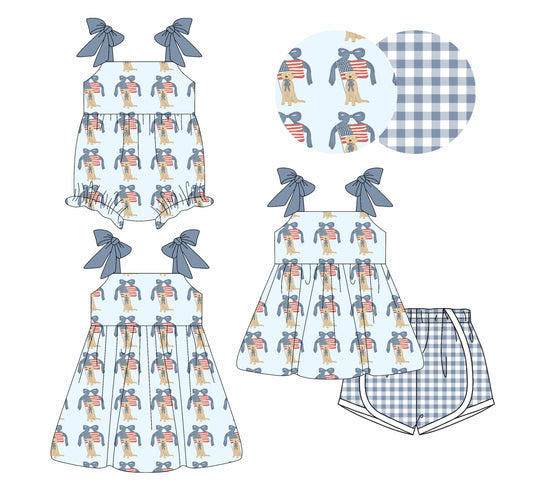 4.15 custom each style moq 5eta 4-6week Sibling Sisters puppy flag bow baby girl short sleeve shorts sets and dress and rompers match family design