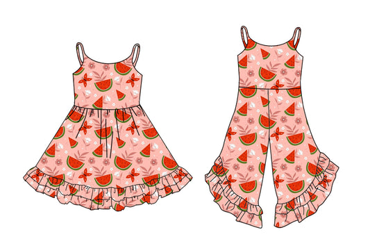 4.21 custom each style moq 5eta 4-6week Sibling Sister watermelon baby girl short sleeve dresses and jumpsuit match design