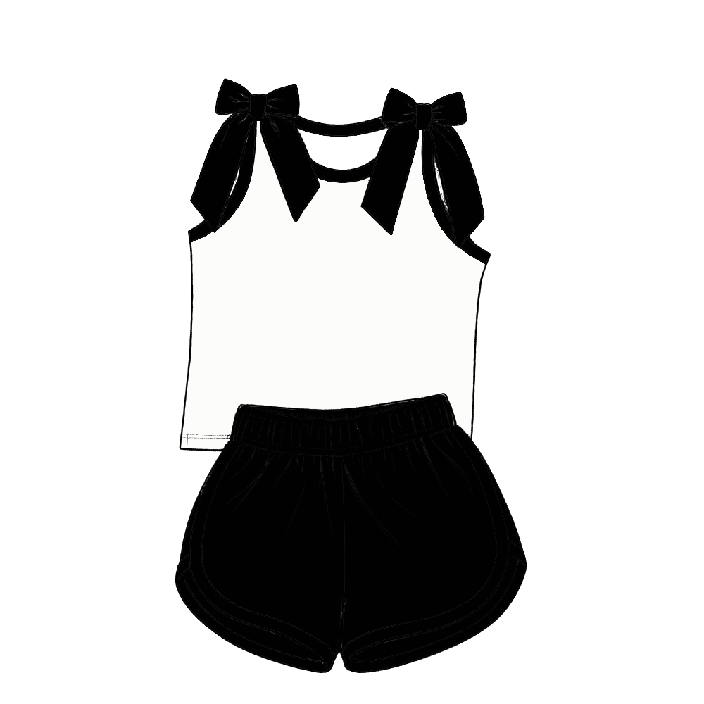 custom moq 5 mix size Baby Girls Bow Sleeveless Black Top Shorts Summer Casual Clothes Set
