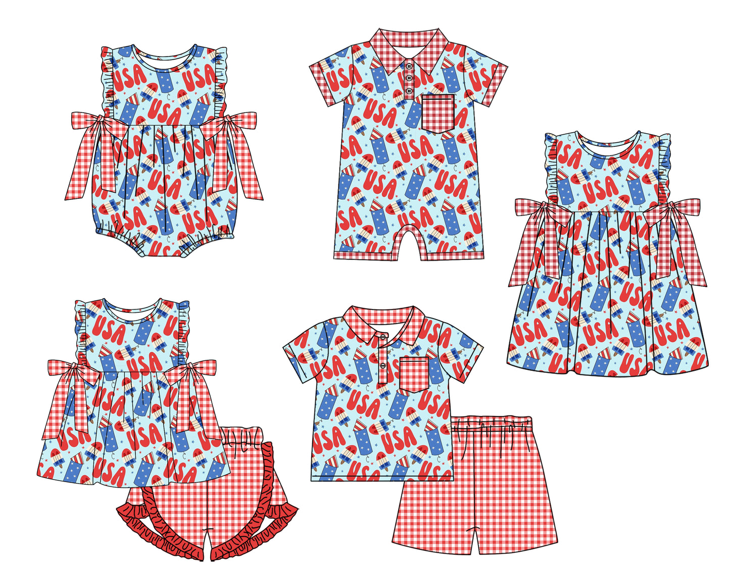 2.15 custom each style moq 5eta 4-6week Sibling Sister USA baby girl short sleeve shorts sets and sets 2 and boy romper and girl romper and dress match design