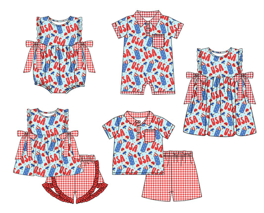 2.15 custom each style moq 5eta 4-6week Sibling Sister USA baby girl short sleeve shorts sets and sets 2 and boy romper and girl romper and dress match design
