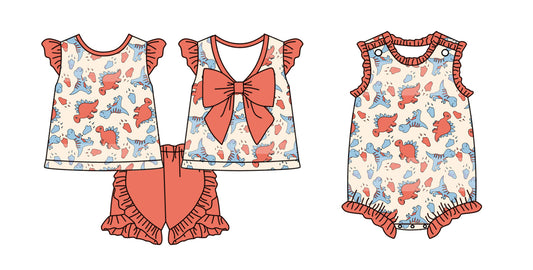2.10 custom each style moq 5eta 4-6week Sibling Sister dinosaur baby girls short sleeve shorts sets and romper match design