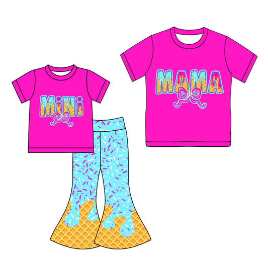 25.10.2 custom each style moq 5eta 4-6week Sibling Sister MAMA MINI bow baby short sleeve pants sets and adult top match design