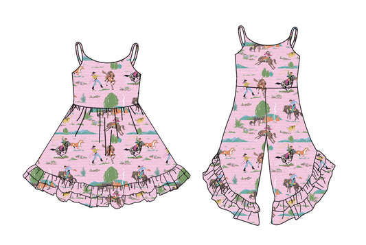 2.26 custom each style moq 5eta 4-6week Sibling Sister riding horse baby girl dress and jumpsuit match family design