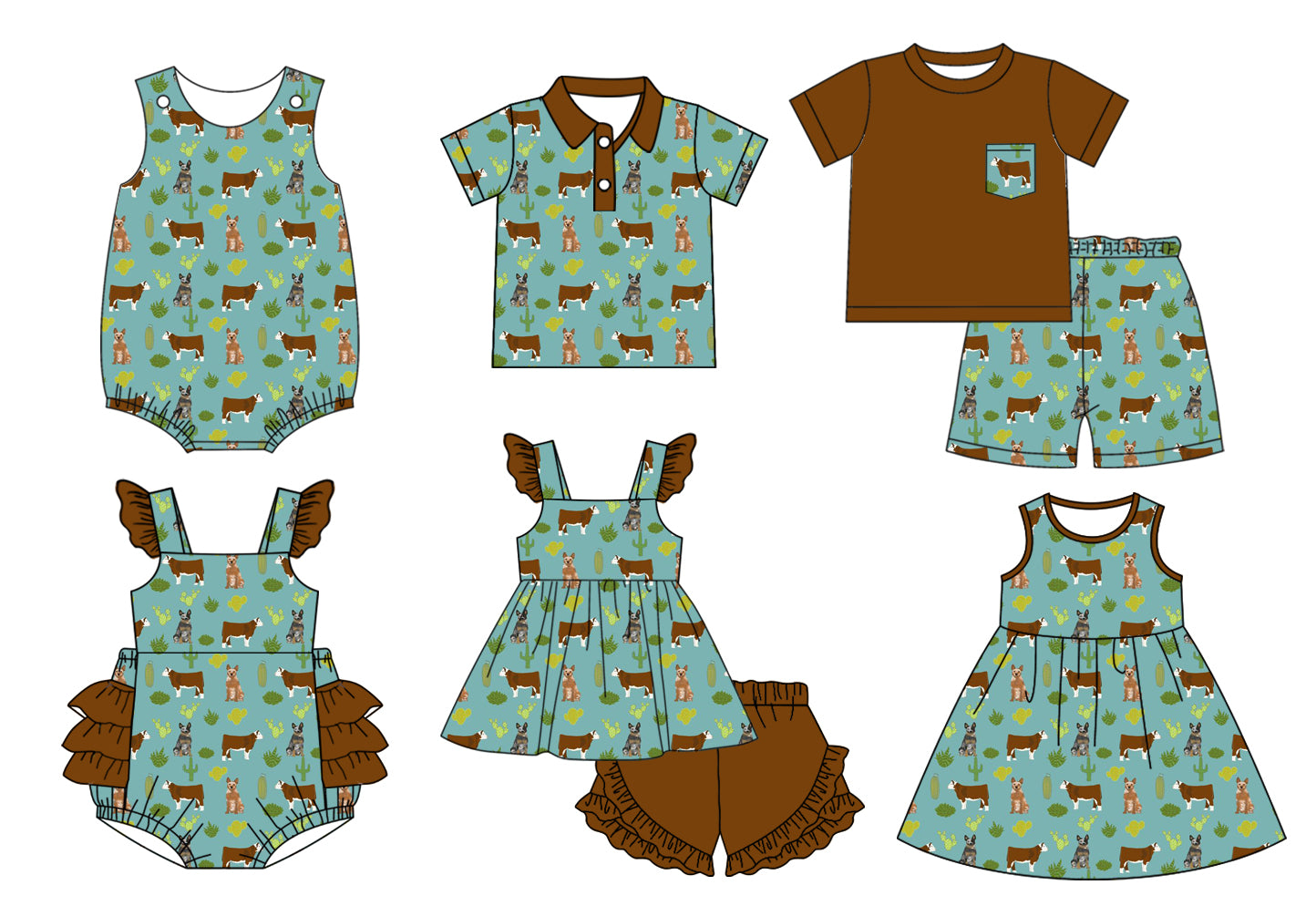 11.19 custom each style moq 5eta 4-6week Sibling Sister cow puppy baby girl short sleeve shorts sets and sets 2 and girls romper and boy romper and dress and top match design