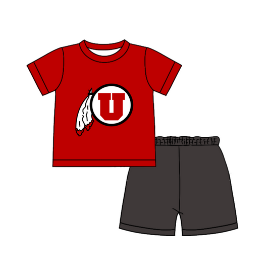 Custom moq 5 mix size milk silk summer teams Baby Boy's Red  Short-Sleeved O-Neck Top And solid color Shorts Set