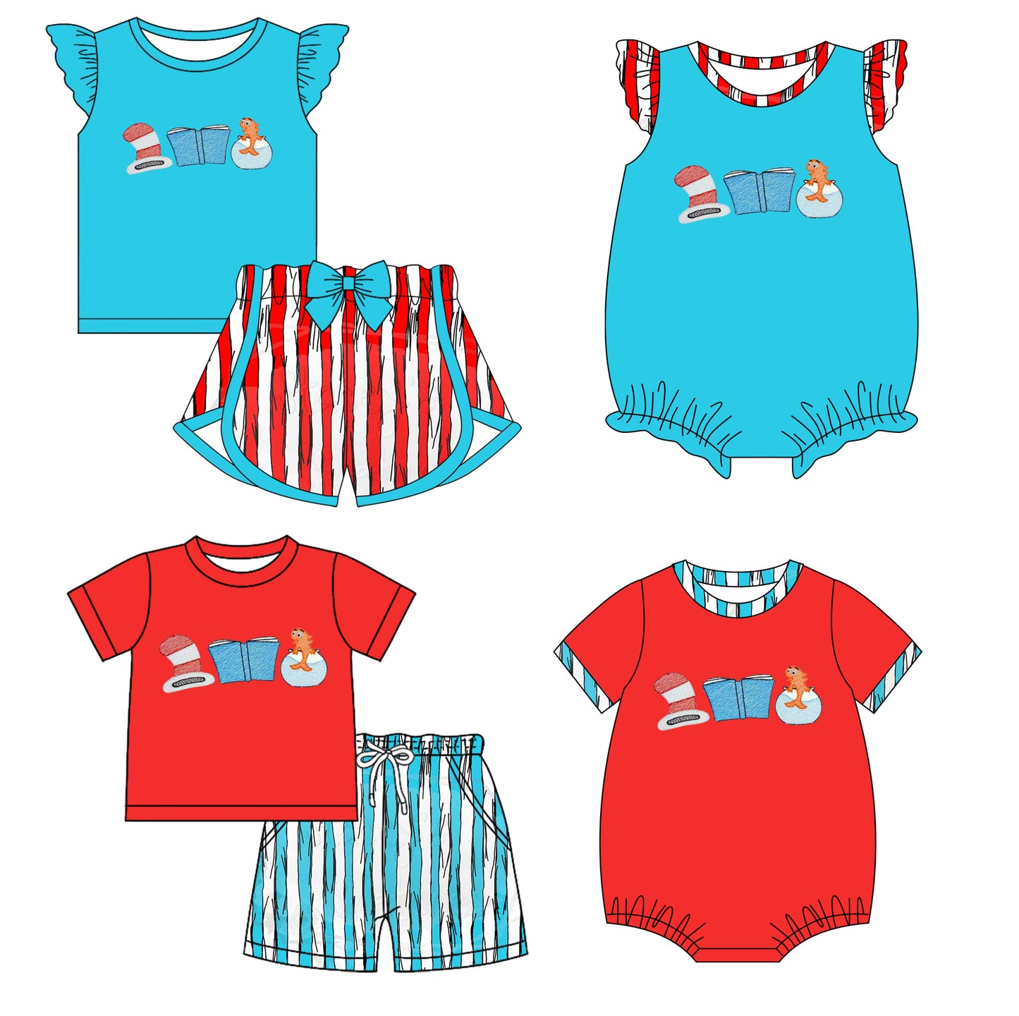 11.28 custom each style moq 5eta 4-6week Sibling Sister dr seuss baby girl short sleeve shorts sets and sets 2 and girls romper and boy romper match design