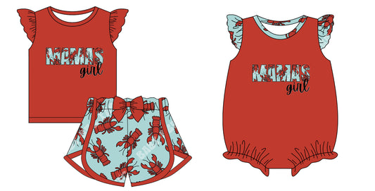 12.3 custom each style moq 5eta 4-6week Sibling Sister MAMA GIRL lobster red baby girl short sleeve shorts sets and rompers match design