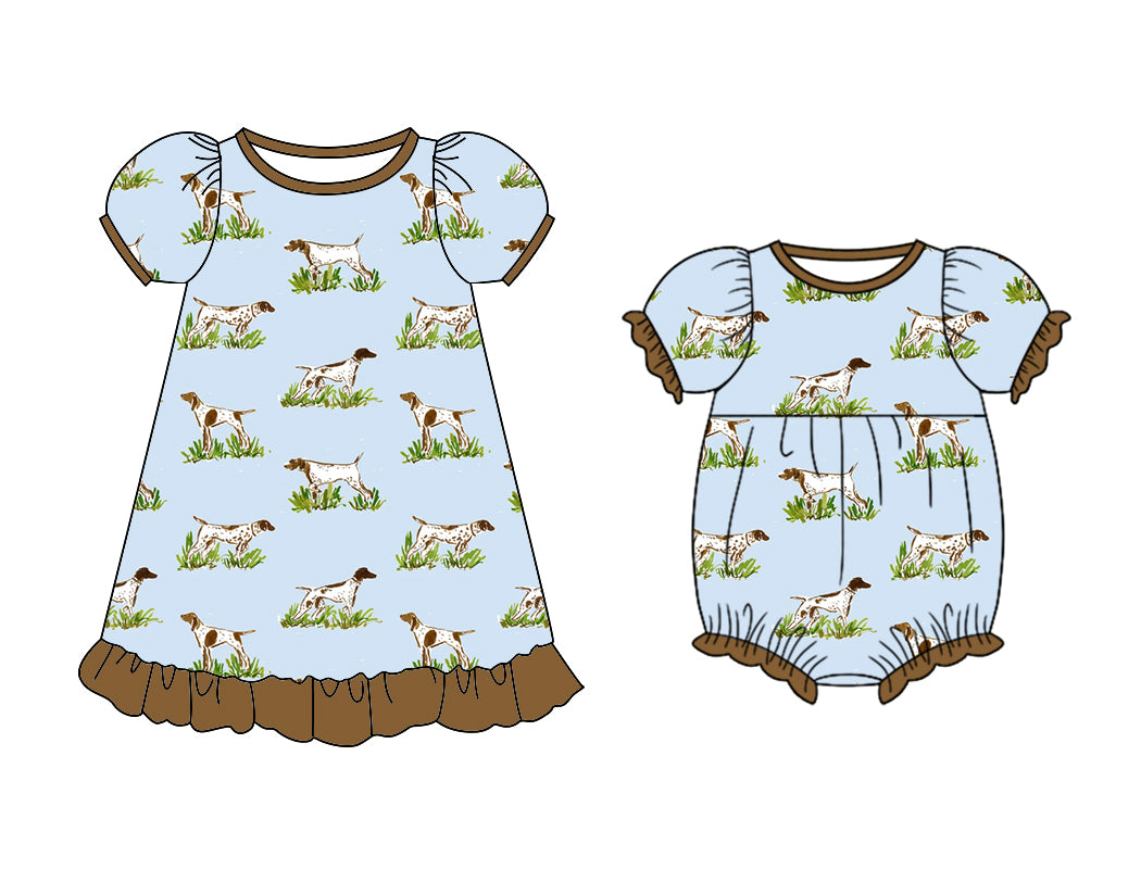11.11 custom each style moq 5eta 4-6week Sibling Sister dog baby girl short sleeve dress and rompers match family design