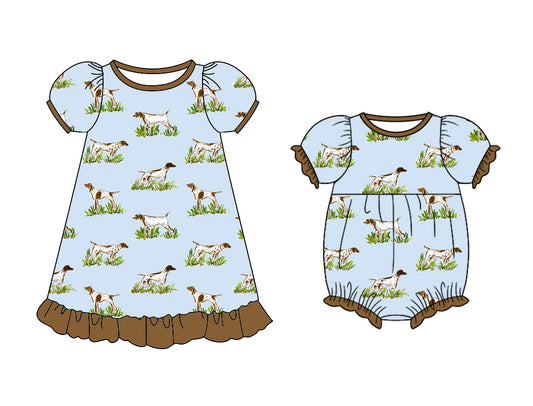 11.11 custom each style moq 5eta 4-6week Sibling Sister dog baby girl short sleeve dress and rompers match family design