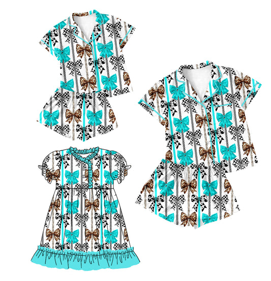 12.23 custom each style moq 5eta 4-6week Sibling Sister bow baby girls short sleeve shorts sets and adult sets and dress match design