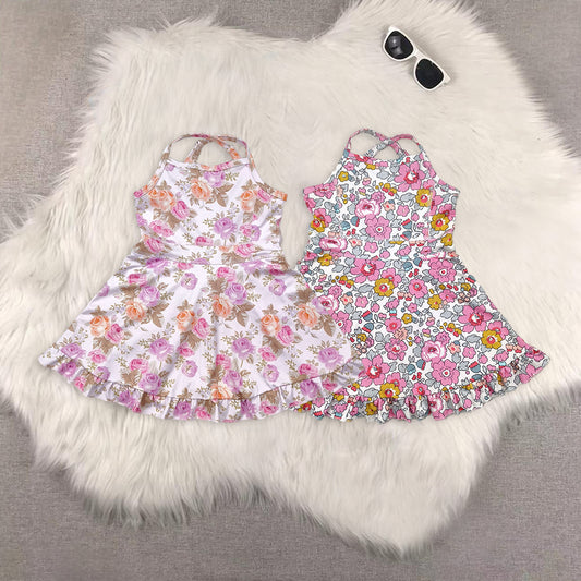 RTS NO MOQ baby girl clothes yoga floral suspender skirt sets