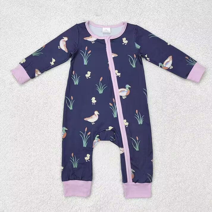 RTS NO MOQ  Duck and Waterweed Pattern Navy Blue Long Sleeve Suit & Crawling Suit