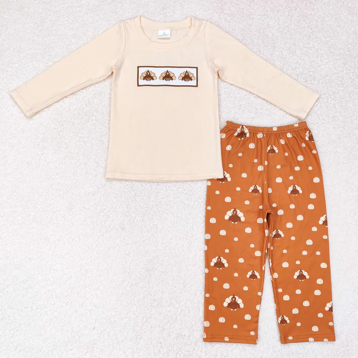 RTS NO MOQ Sibling Baby boy clothes Embroidery turkey long-sleeved trousers suits