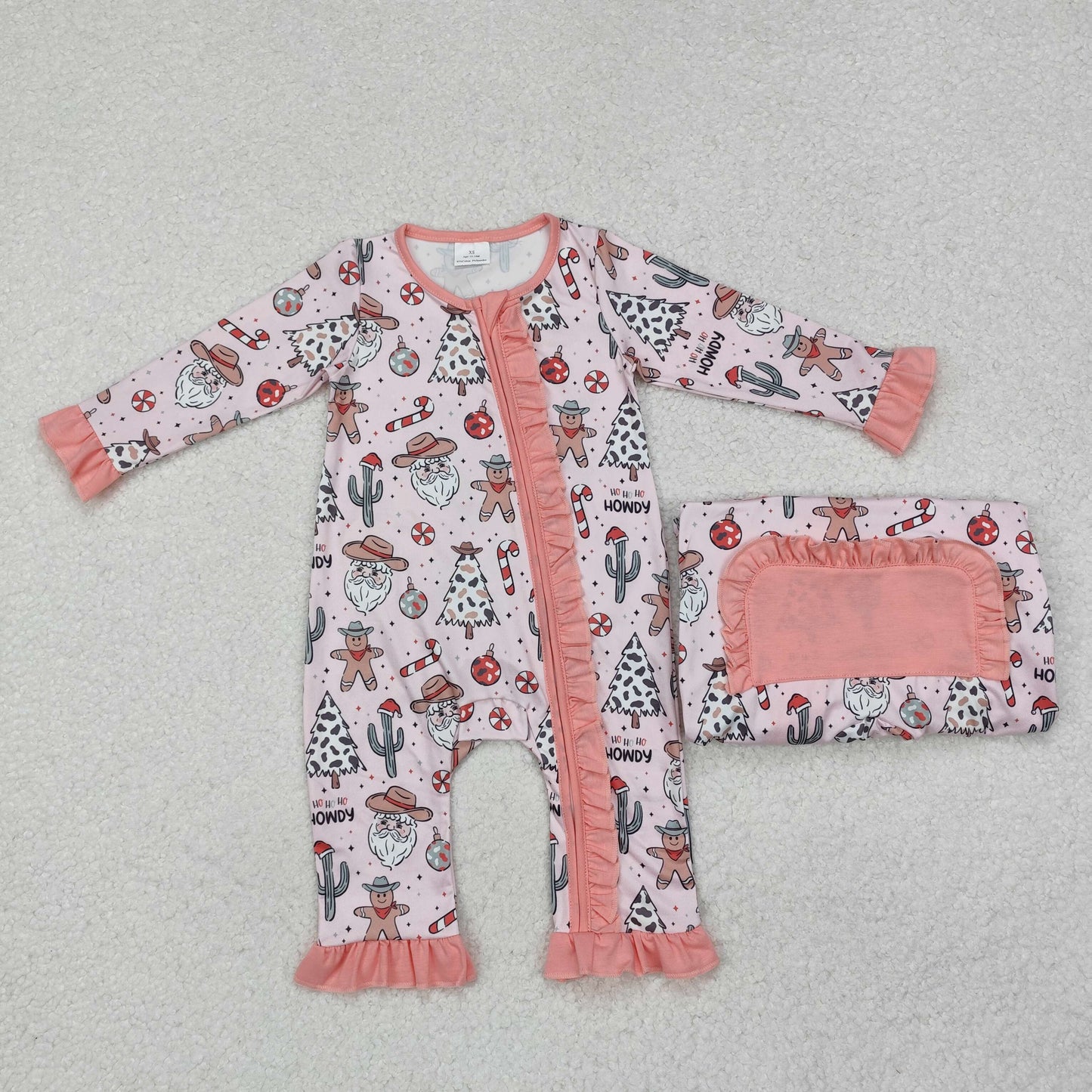 RTS NO MOQ（In Stock) LR1675 Cowboy hat Santa Claus cactus gingerbread man pink zipper long sleeve jumpsuit