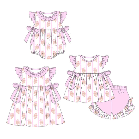 4.4 custom each style moq 5eta 4-6week Sibling Sisters rugby bow baby girl short sleeve shorts sets and dress and rompers match family design