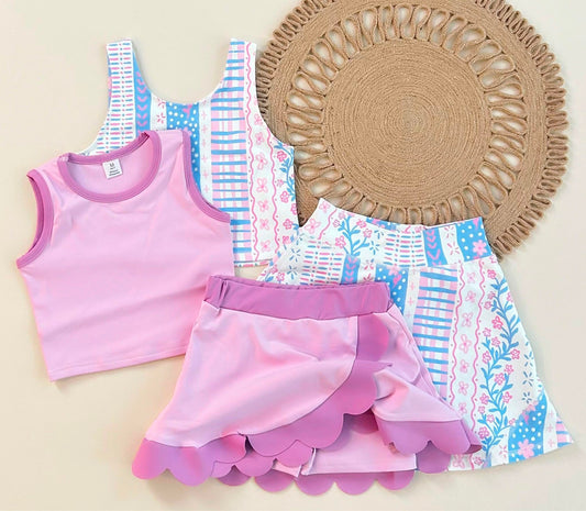 RTS NO MOQ Sibling yoga fabric Baby Girls Flower Print Sleeveless Vest Skort Yoga Summer Set