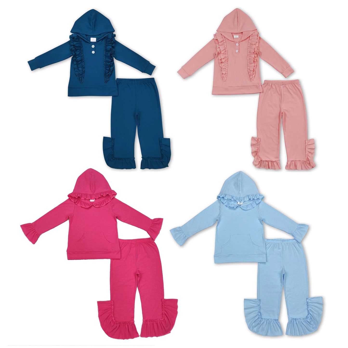 RTS NO MOQ GLP2061 GLP2058 GLP0895 GLP0894  Ruffled Lace Button Hooded Pullover Long Sleeve Pants Set