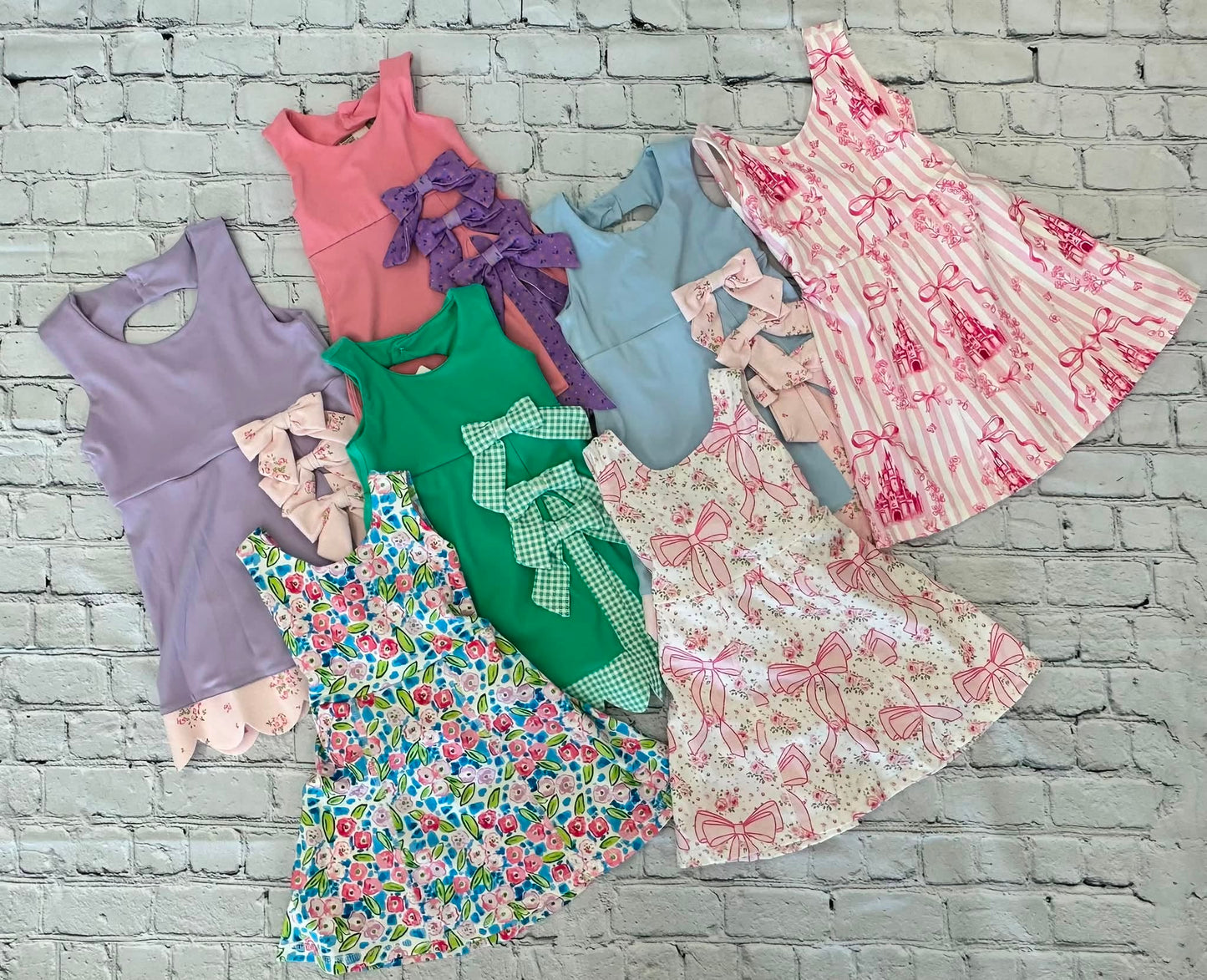 RTS NO MOQ Sibling yoga fabric Baby Girls Bow Scallop Trim Knee Length  Athletic Short Dress