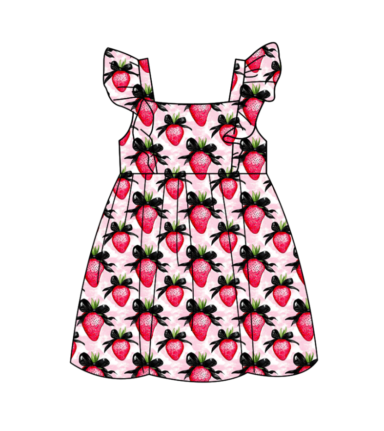 Custom moq 5 mix size milk silk baby girl clothes strawberry bow flying sleeve shorts sets and dresses 2