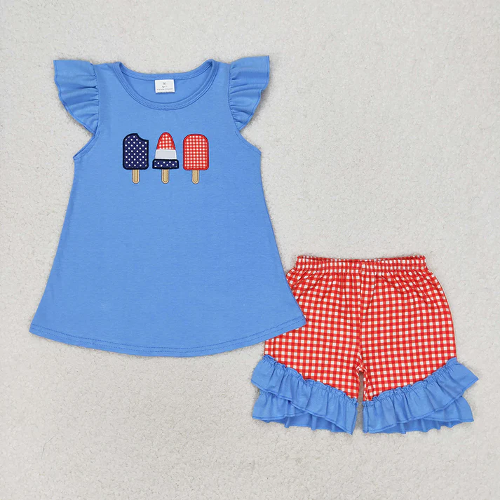 RTS NO MOQ baby girl clothes embroidery short-sleeved shorts suit & short-sleeved sets