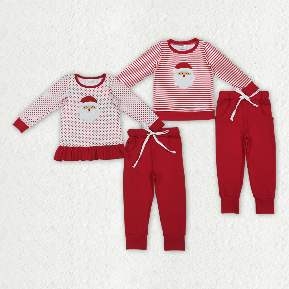 RTS NO MOQ Sibling baby girl clothes Christmas Santa Claus Striped Long Sleeve Suits