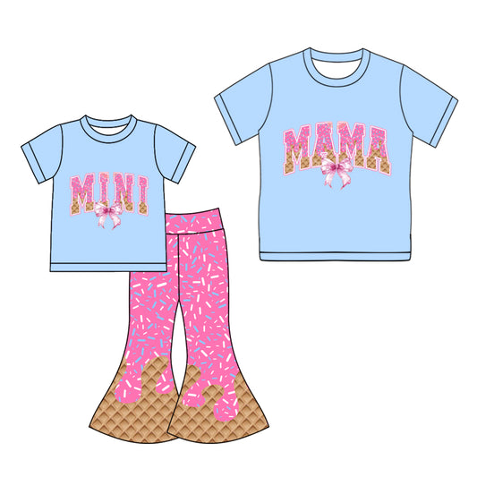 25.10.2 custom each style moq 5eta 4-6week Sibling Sister MAMA MINI bow baby short sleeve pants sets and adult top match design