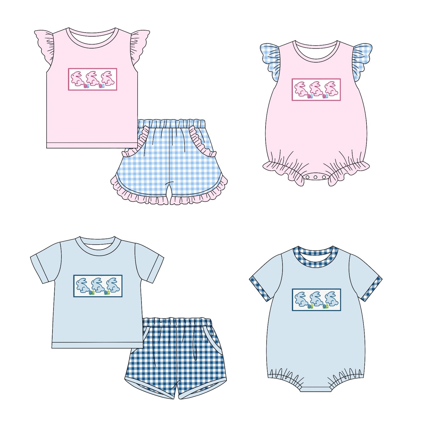 11.6 custom each style moq 5eta 4-6week Sibling Sister easter baby girl short sleeve shorts sets and sets 2 and girls romper and boy romper match design