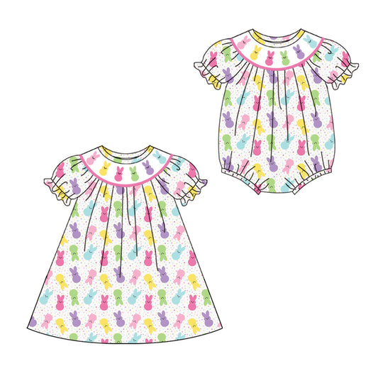 25.9.25 custom each style moq 8 eta 6-8week Sibling Sisters bunny baby girl short sleeve dress and rompers match family design