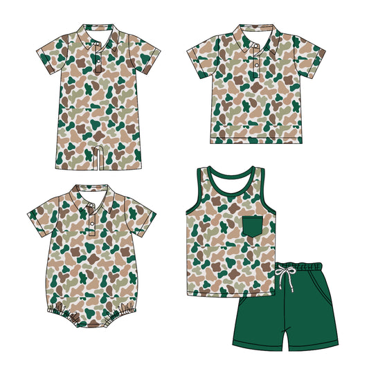 3.14 custom each style moq 5eta 4-6week Sibling Sister camouflage baby boy sets and boy rompers 1 and romper 2 and top match family design