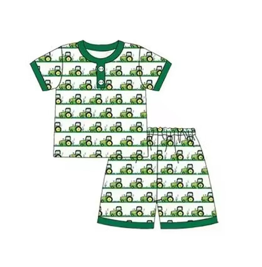 5.16custom each style moq 5eta 4-5week Sibling Sister Agricultural vehicles print green boys and girls outfits and baby romper match family design
