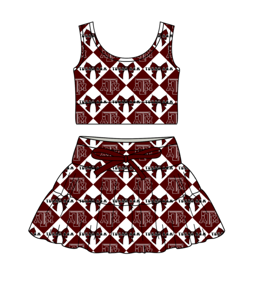 Custom moq 5 mix size Dark red Plaid Baby Girl Sleeveless Top And Skirt Team Outfit Children's Clothing