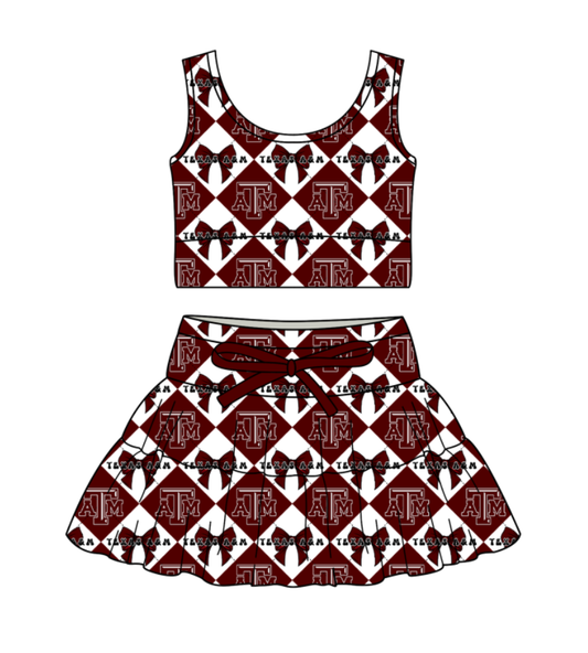 Custom moq 5 mix size Dark red Plaid Baby Girl Sleeveless Top And Skirt Team Outfit Children's Clothing