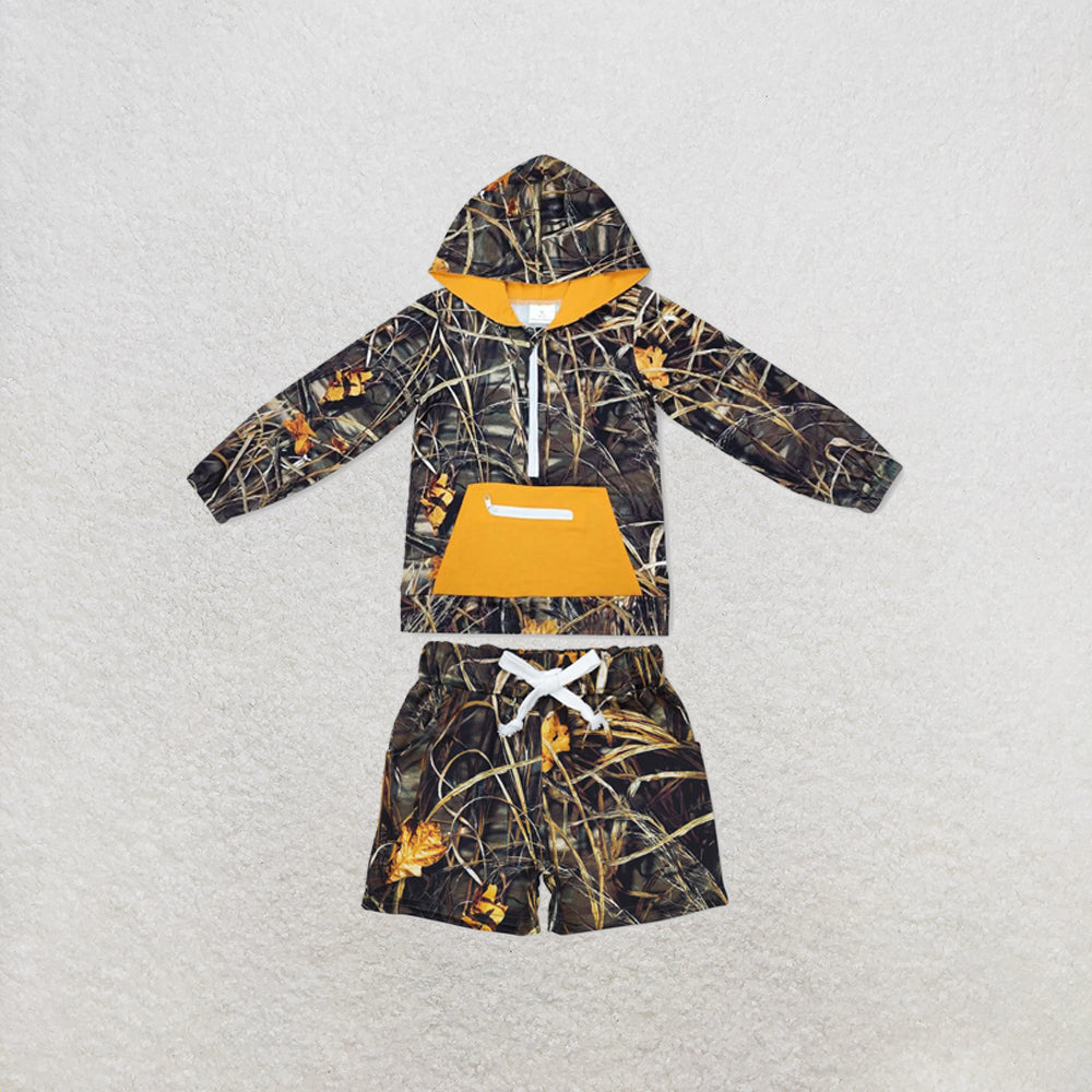 RTS NO MOQ Sibling milk silk BT0755+SS02803 Baby Boys Mustard Camo Hooded Zip Fall Pullovers Tops Pocket Shorts Clothes Set