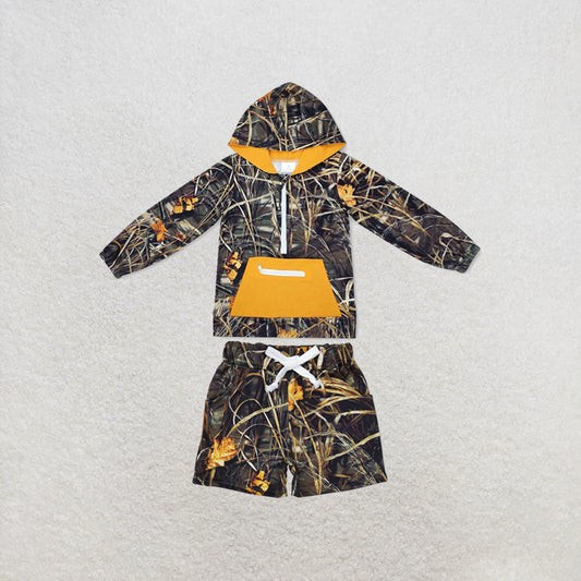 RTS NO MOQ Sibling milk silk BT0755+SS02803 Baby Boys Mustard Camo Hooded Zip Fall Pullovers Tops Pocket Shorts Clothes Set