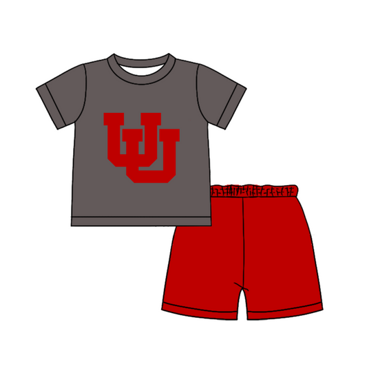 Custom moq 5 mix size milk silk summer teams Baby Boy's Grey  Short-Sleeved O-Neck Top And solid color Shorts Set