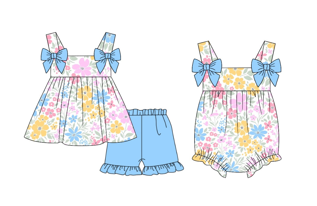 11.1 custom each style moq 5eta 4-6week Sibling Sister floral blue baby girl short sleeve shorts sets and rompers match design