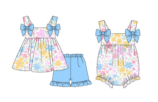 11.1 custom each style moq 5eta 4-6week Sibling Sister floral blue baby girl short sleeve shorts sets and rompers match design