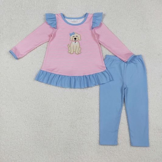 RTS NO MOQ（In Stock) GLP2725 Pink and white striped long-sleeved blue pantsuit with embroidered bow and puppy lace