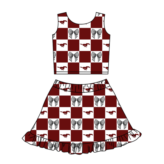 Custom moq 3 or 5 mix size milk silk summer teams baby girl clothes bow dark red sleeveless skirts sets